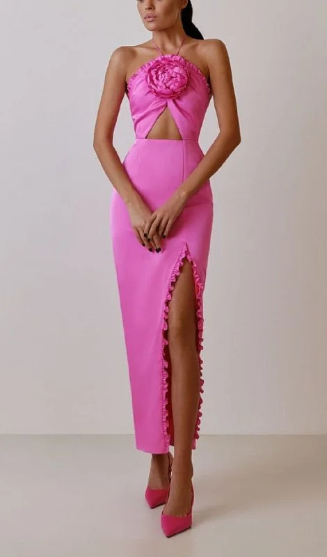 FLORAL EMBELLISHED SLIT MIDI DRESS IN PINK