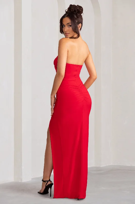 Florencia | Red Sweetheart Bandeau Neckline Maxi Dress With Front Drape Detail