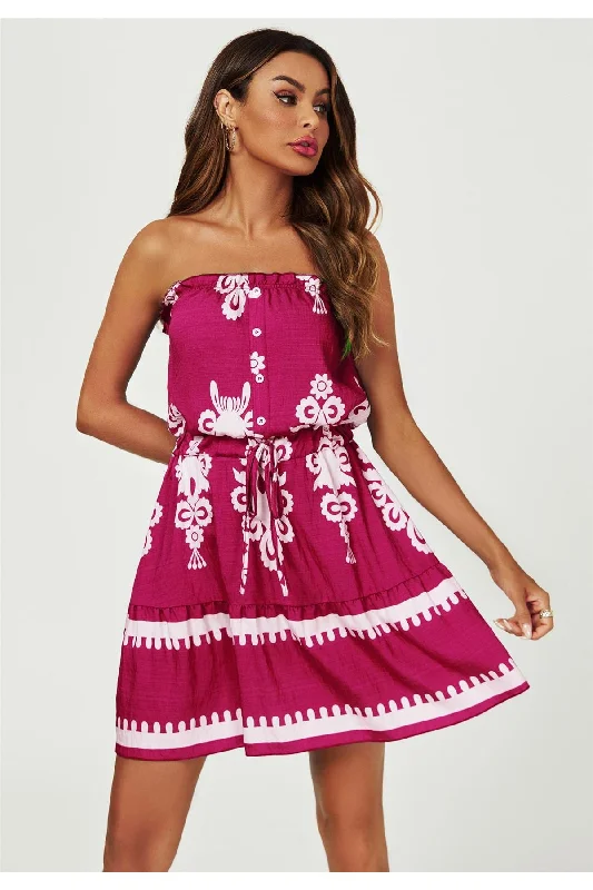 FS Collection Printed Broderie Strapless Mini Dress In Fuchsia