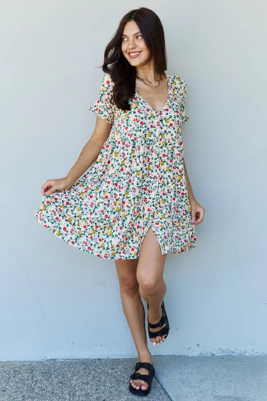 Full Size V-Neck Ruffle Sleeve Floral Short Dress