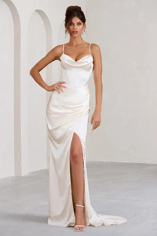 Grand Gift | Cream Satin Corset Draped Fishtail Maxi Dress