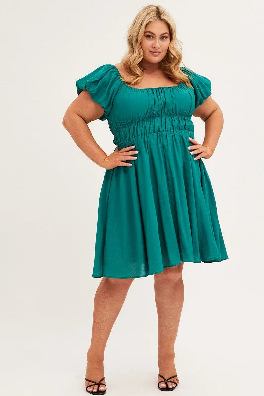 Green Fit And Flare Dress Short Sleeve Ruched