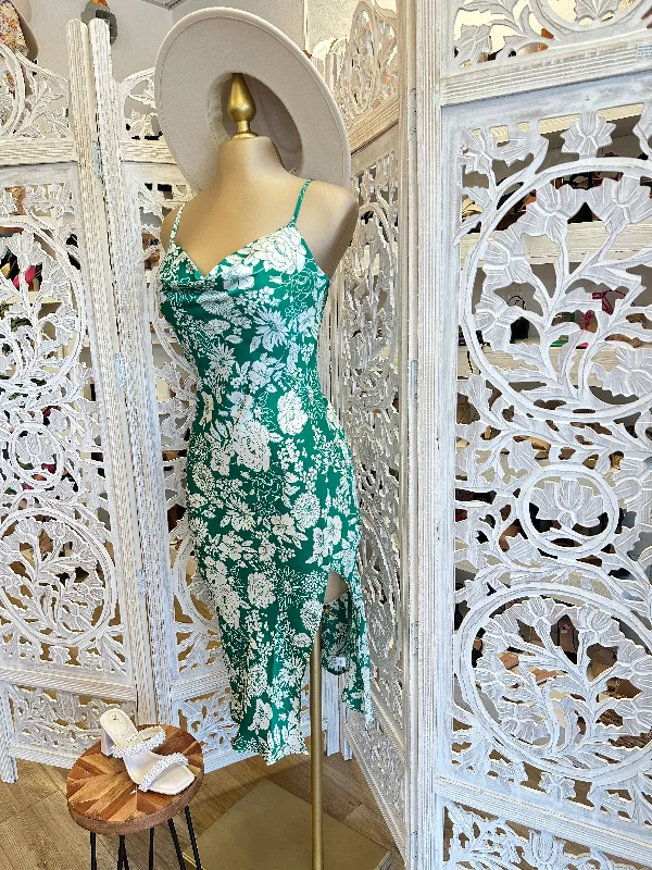 Green Flower Cowl Neck Midi Dress