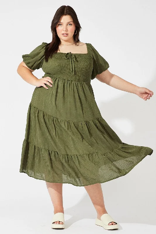 Green Midi Dress Short Sleeve Shirred