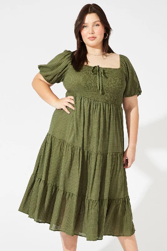 Green Midi Dress Short Sleeve Shirred