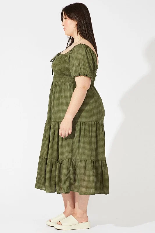 Green Midi Dress Short Sleeve Shirred