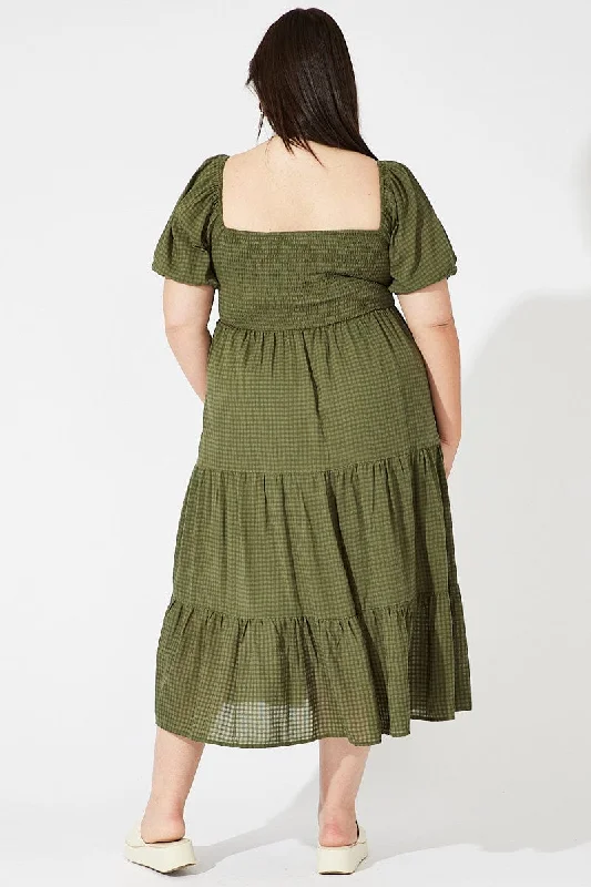 Green Midi Dress Short Sleeve Shirred