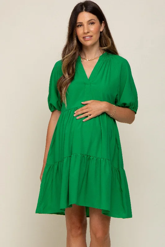 Green Satin Ruffle V-Neck Short Sleeve Maternity Dress