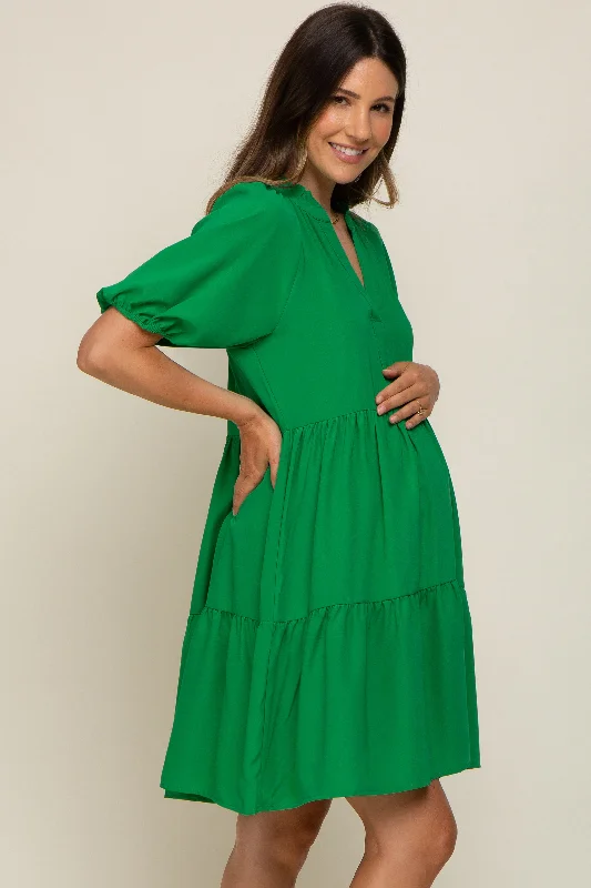 Green Satin Ruffle V-Neck Short Sleeve Maternity Dress