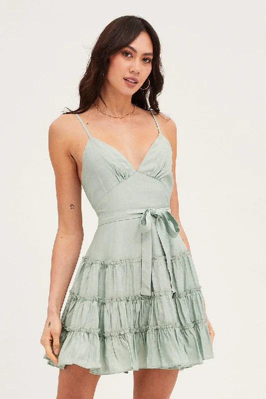 Green V Neck Frill Skater Dress