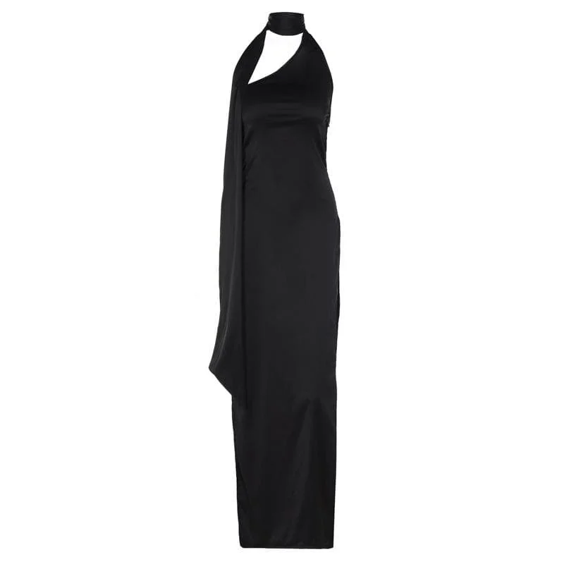 BerryBetty - Halter solid irregular sleeveless backless self tie slit maxi dress