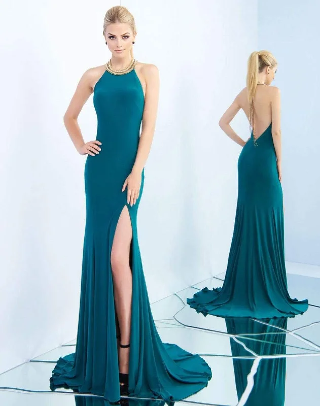 Ieena Duggal - 25572I Dangling Fringed Halter Sheath Gown