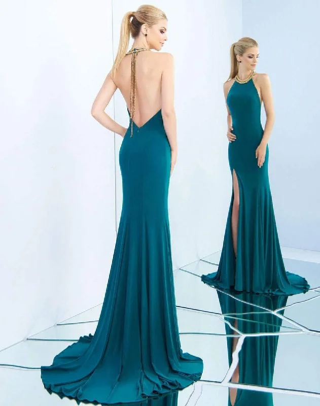 Ieena Duggal - 25572I Dangling Fringed Halter Sheath Gown