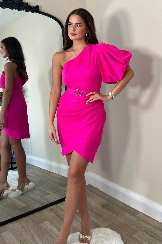 Iris Hot Pink One Shoulder Puff Sleeve Mini Dress