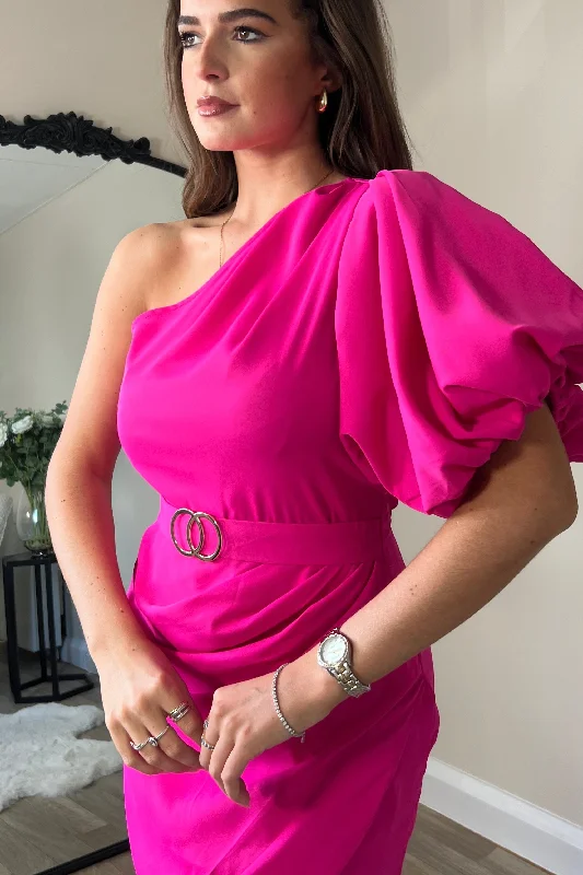 Iris Hot Pink One Shoulder Puff Sleeve Mini Dress