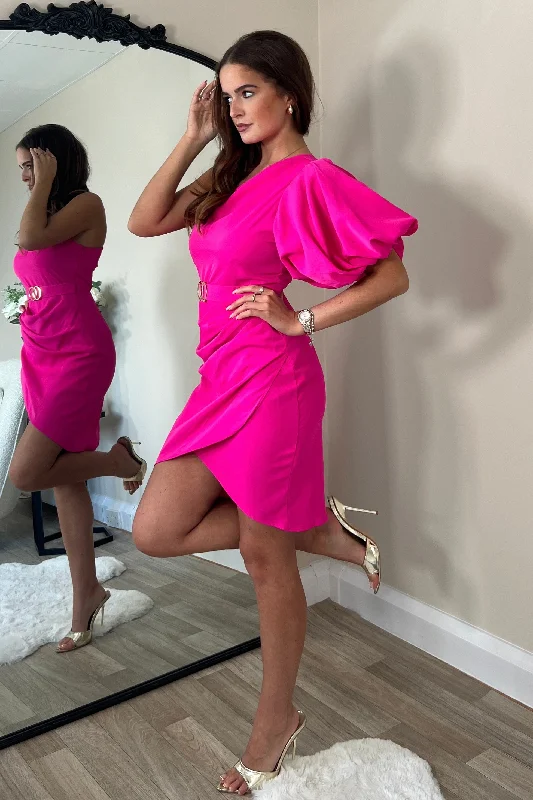 Iris Hot Pink One Shoulder Puff Sleeve Mini Dress