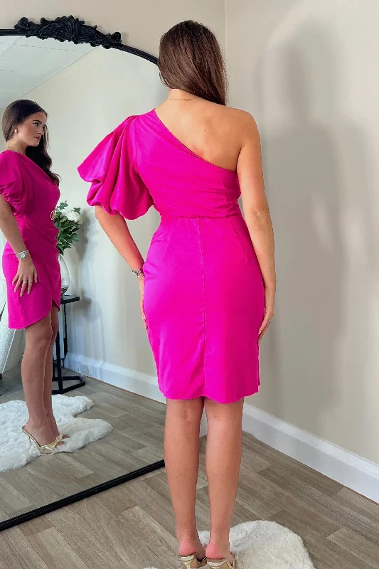 Iris Hot Pink One Shoulder Puff Sleeve Mini Dress