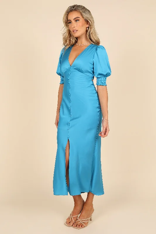 Juniper Puff Sleeve Buttoned Midi Dress - Blue