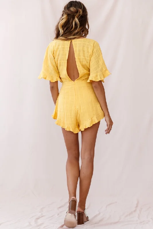 Karin Frill Trim Waist Tie Romper Mustard