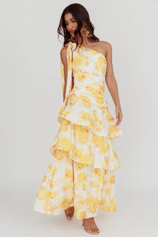 Kenny One Shoulder Tiered Maxi Dress Yellow