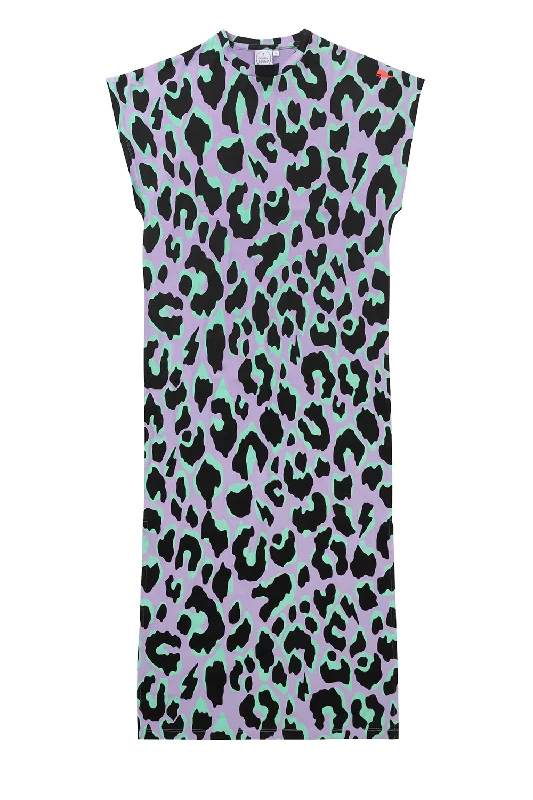 Lilac and Green with Black Mega Leopard Midi T-Shirt Dress