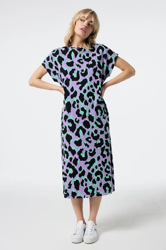 Lilac and Green with Black Mega Leopard Midi T-Shirt Dress