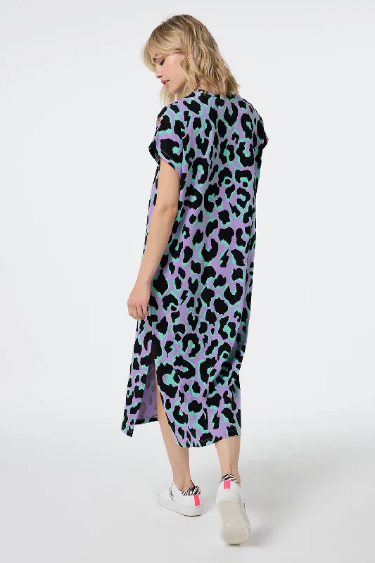 Lilac and Green with Black Mega Leopard Midi T-Shirt Dress