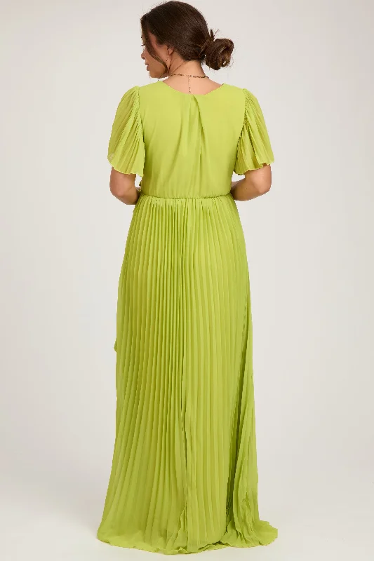 Lime Chiffon Wrap Front V-Neck Short Sleeve Pleated Maternity Maxi Dress