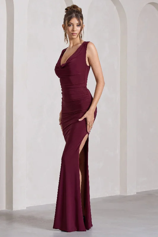 Lolita | Burgundy Ruched Cowl-Neck Sleeveless Maxi Dress