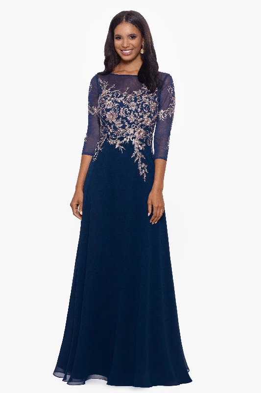 Long Embroidered Chiffon Gown