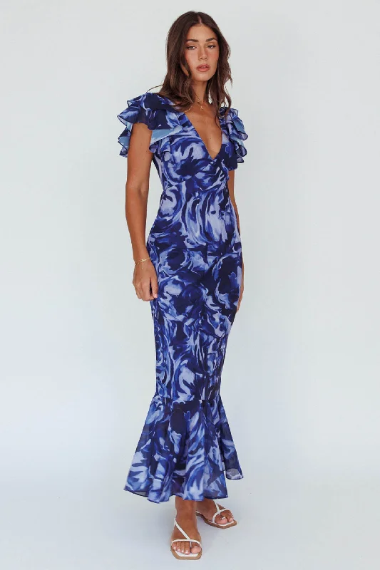 Lydiah Ruffle Sleeve Maxi Dress Floral Blue