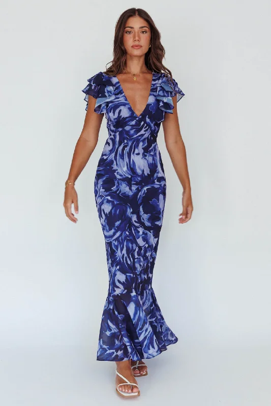 Lydiah Ruffle Sleeve Maxi Dress Floral Blue