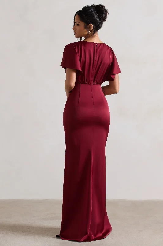 Marisa | Berry Satin V-Neck Flutter-Sleeve Maxi Dress