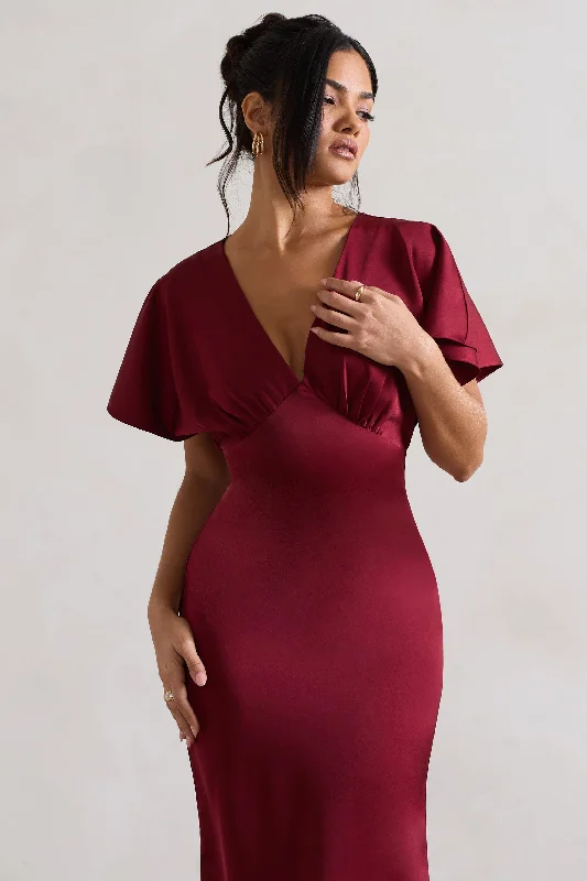 Marisa | Berry Satin V-Neck Flutter-Sleeve Maxi Dress