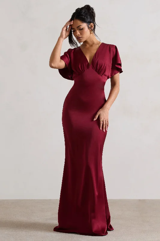 Marisa | Berry Satin V-Neck Flutter-Sleeve Maxi Dress