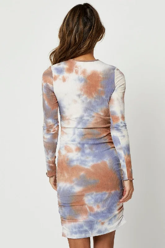 Multi Tie Dye Ruched Ribbed Bodycon Mini Dress