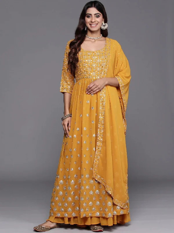 Mustard Embroidered Georgette A-Line Kurta With Palazzos & Dupatta