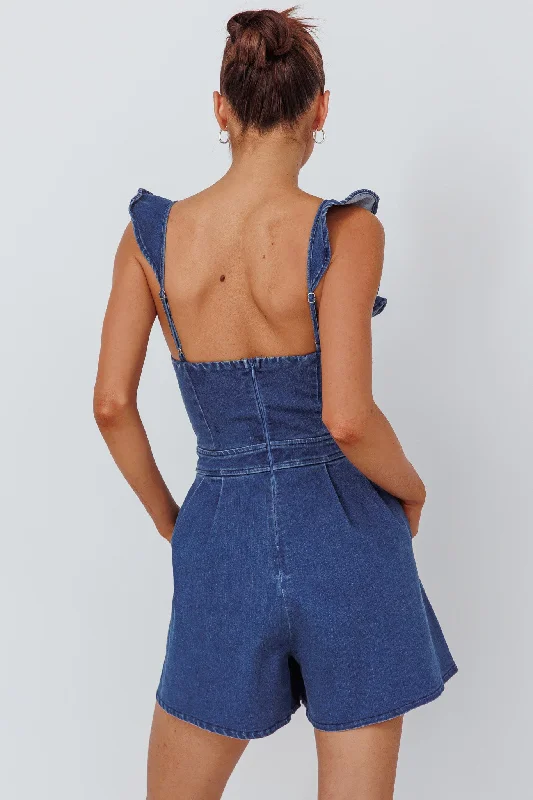 Nola Flared Ruffle Romper Light Denim