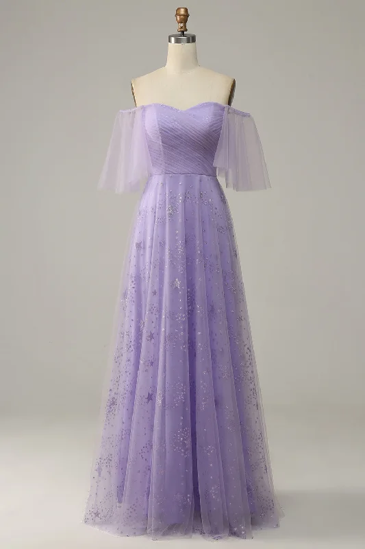 Off Shoulder Lavender Prom Dress with Ruffles