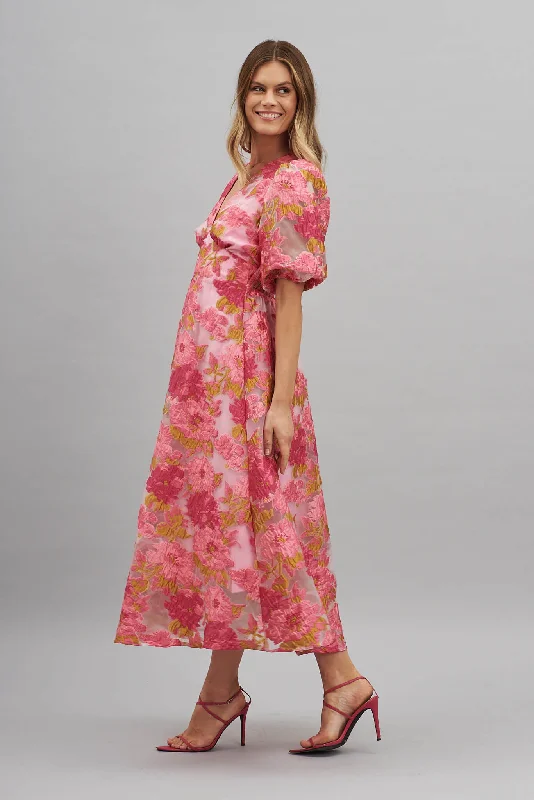 Opulence Midi Dress In Pink Floral Organza Burnout