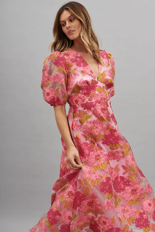 Opulence Midi Dress In Pink Floral Organza Burnout