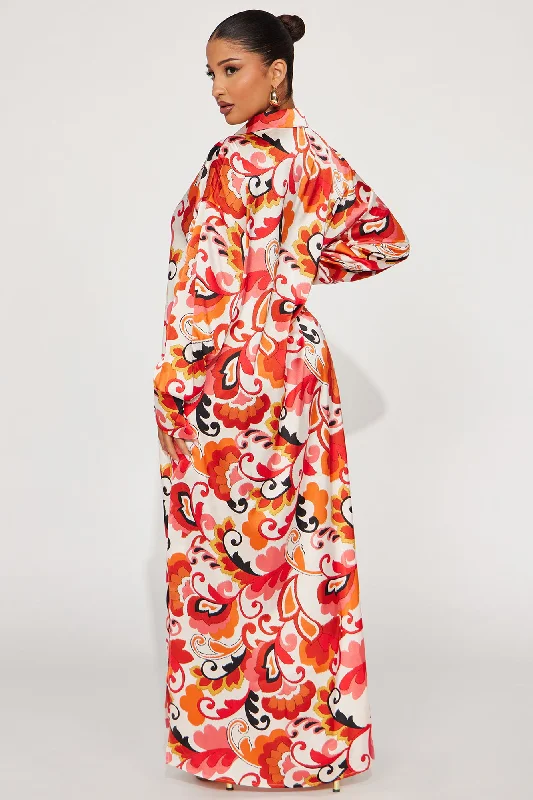 Paisley Satin Shirt Dress - Orange/combo