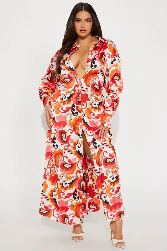 Paisley Satin Shirt Dress - Orange/combo