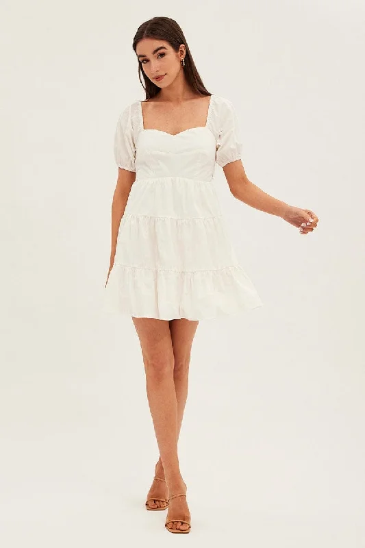 White Fit And Flare Dress Mini Sweetheart Poplin