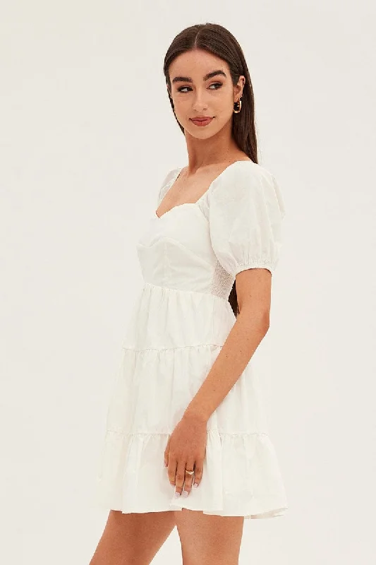 White Fit And Flare Dress Mini Sweetheart Poplin