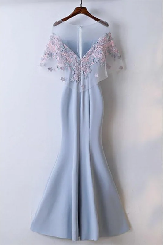 Pretty Sky Blue  Mermaid Long Prom Dress With Lace Flowers PG622