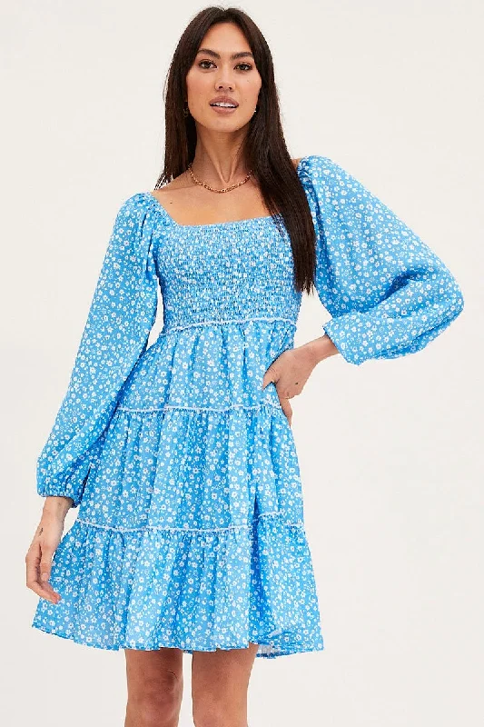 Print Fit And Flare Dress Long Sleeve Square Neck