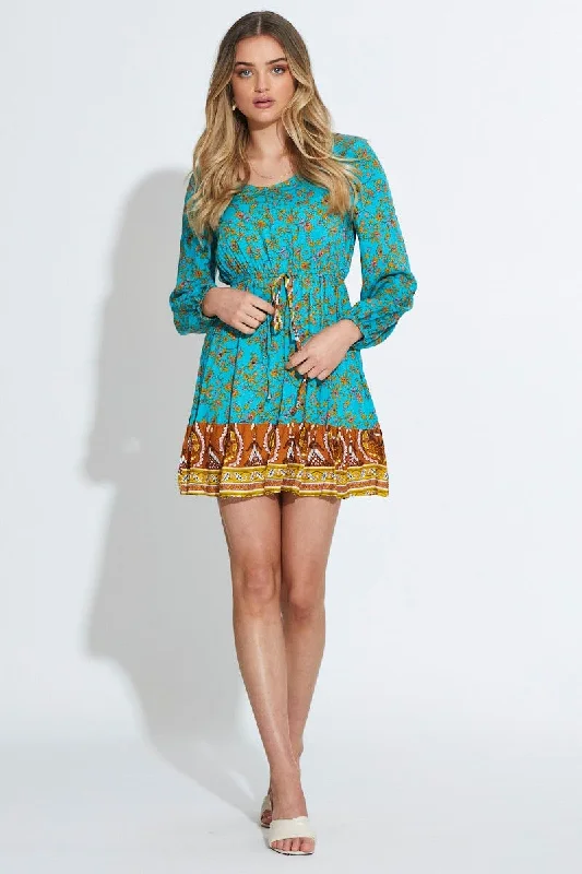 Print Mini Dress Long Sleeve V Neck