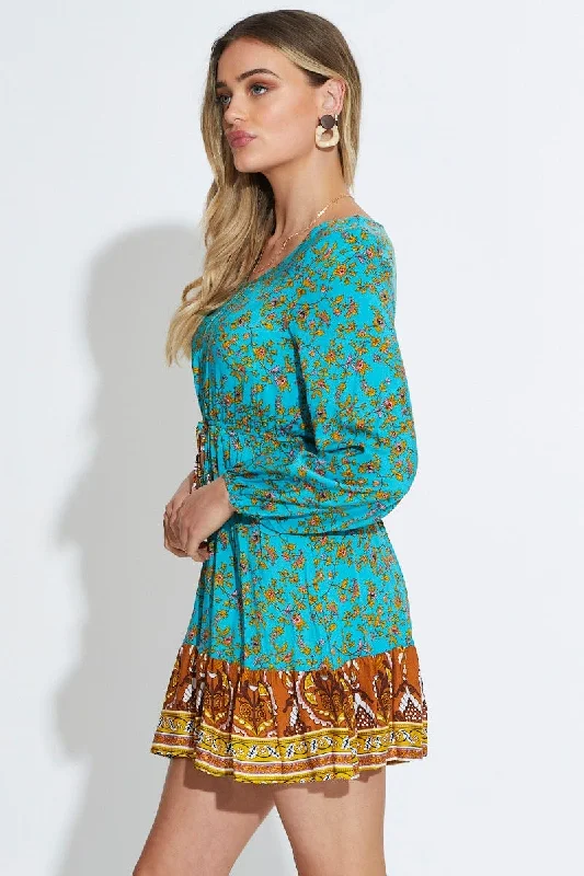 Print Mini Dress Long Sleeve V Neck