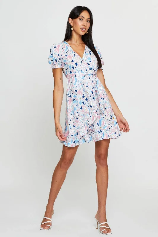 Print Mini Dress Short Sleeve Fit And Flare